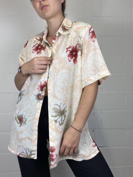 creme vintage blouse with floral prints and short sleeves