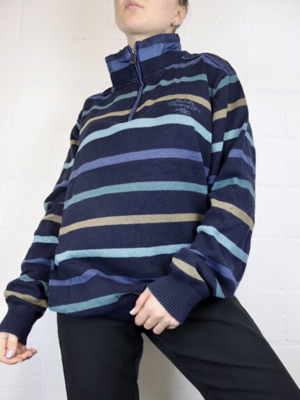 dark blue knitted vintage pullover with zipper and stripes