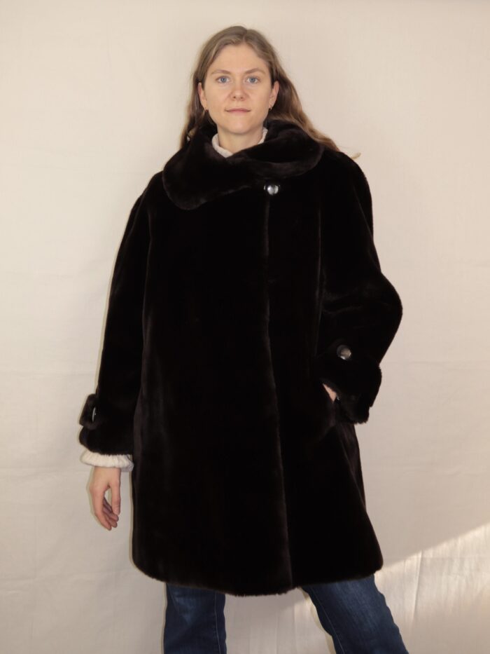 Dunkelbraune Vintage Fake Felljacke | L – Bild 4