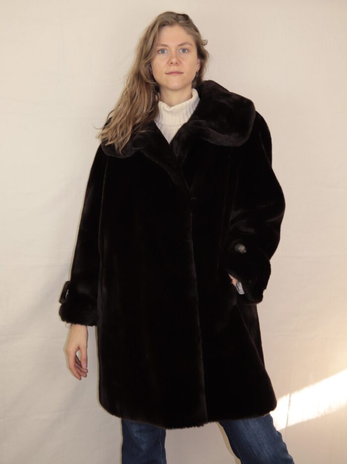Dunkelbraune Vintage Fake Felljacke | L – Bild 7
