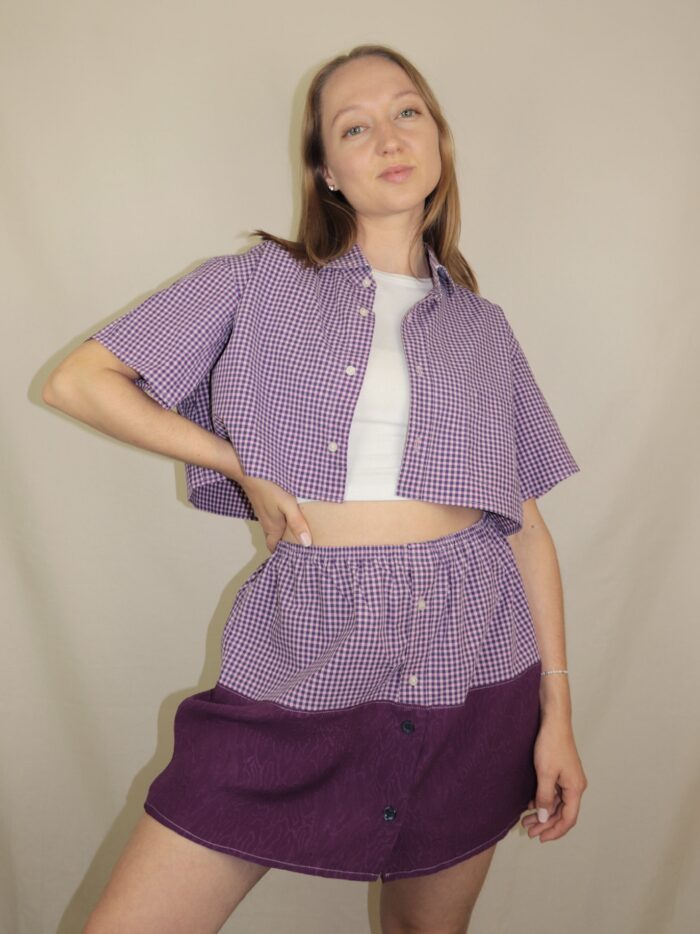 Handgemachtes Upcycling-Set für Damen – Rock und Oberteil aus Männerhemd, nachhaltig & sommerlich.