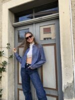 Upcyceltes, gekürztes Hemd mit passendem Scrunchie aus gleichem Stoff, nachhaltige Mode