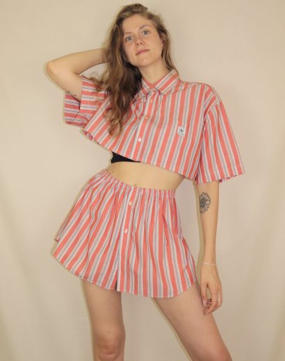 Handgemachtes Upcycling-Set für Damen – Rock und Oberteil aus Männerhemd, nachhaltig & sommerlich.